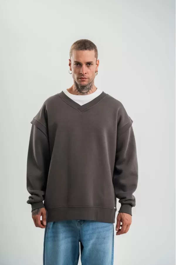 Geniş V yaka Kol Ribana Detaylı SweatShirt - Füme