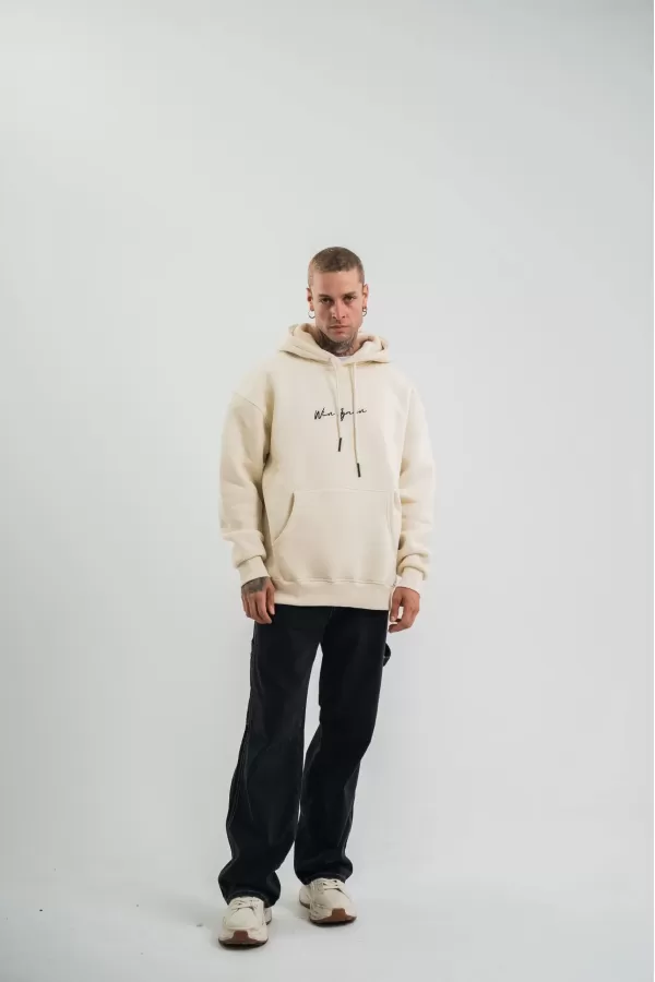 Erkek Kapşonlu Double Oversize Dijital Patchli SweatShirt - Krem