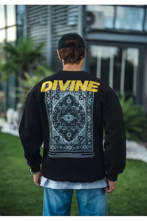 Kışlık Bisiklet Yaka Baskılı SweatShirt - Siyah