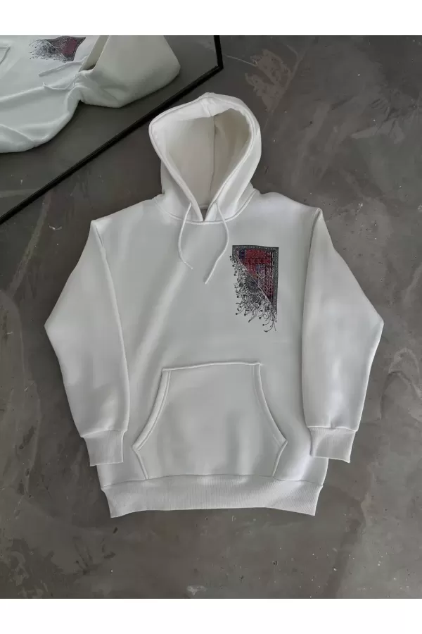 Uzun Kol Kapşonlu Ön Ve Arka Baskılı SweatShirt - Beyaz