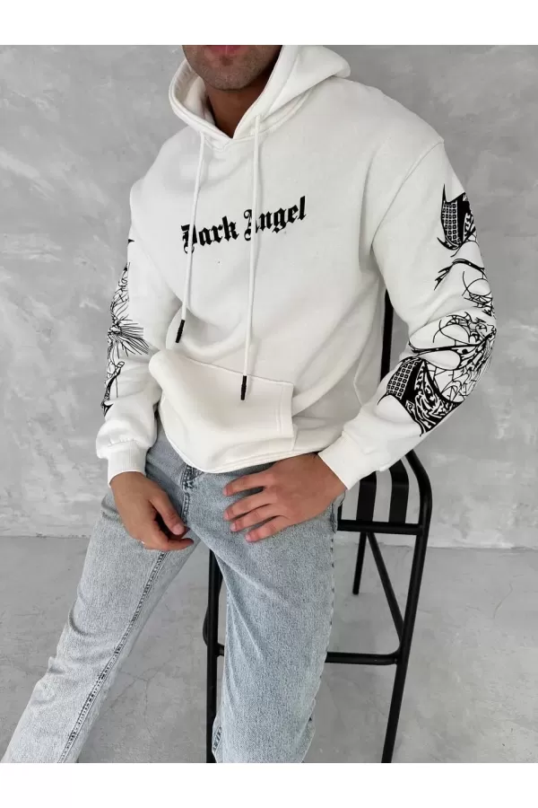 Üç İplik Uzun Kol Kapşonlu Baskılı SweatShirt - Beyaz