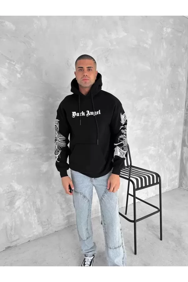 Üç İplik Uzun Kol Kapşonlu Baskılı SweatShirt - Siyah