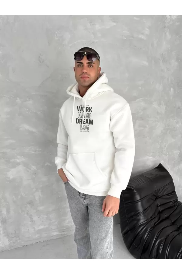 Kışlık Üç İplik Kapşonlu SweatShirt - Beyaz