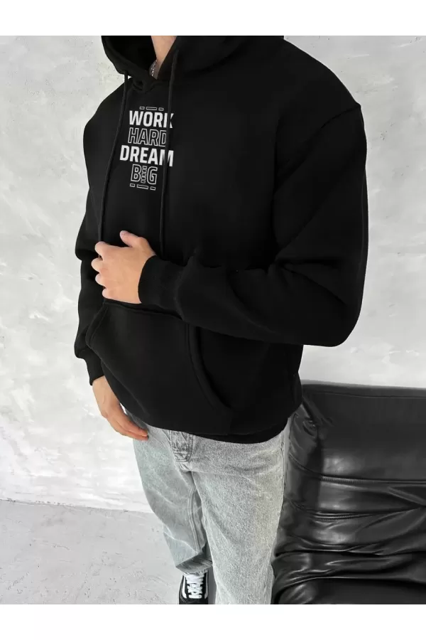 Kışlık Üç İplik Kapşonlu SweatShirt - Siyah