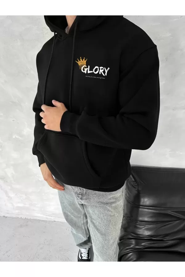 Kışlık Üç İplik Kapşonlu SweatShirt - Siyah