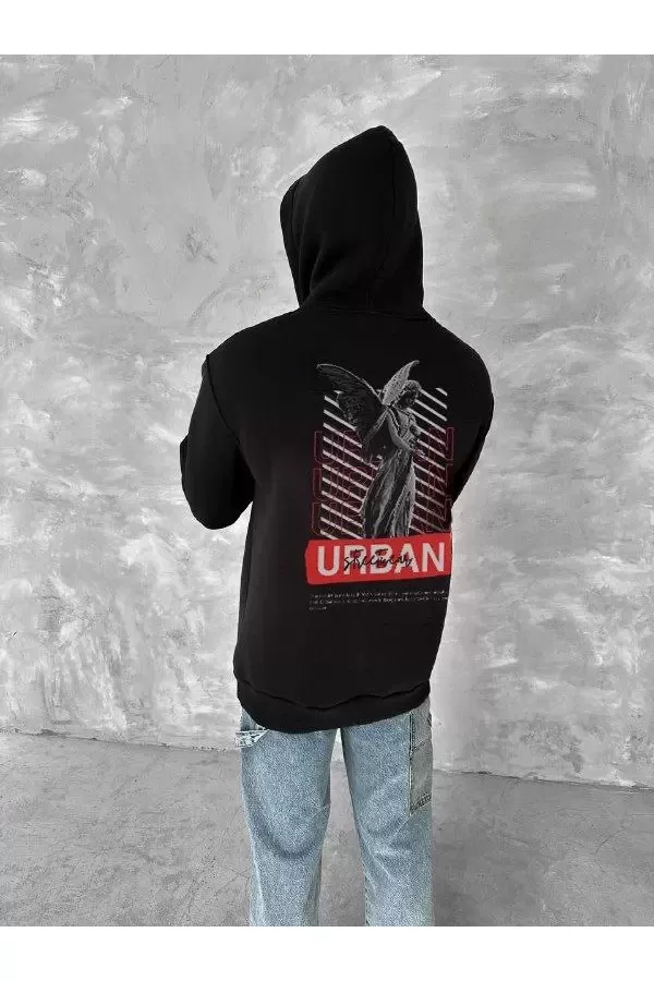 Oversize Üç İplik Kapşonlu SweatShirt - Siyah