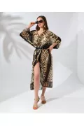 Kadın Rahat Kesim Kemerli Şifon Kimono - Leopar