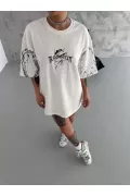 Unisex Bisiklet Yaka Baskılı Oversize T-Shirt - Beyaz