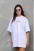 Unisex Bisiklet Yaka Baskılı Oversize T-Shirt - Beyaz