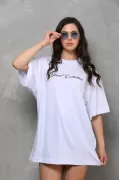 Unisex Bisiklet Yaka Baskılı Oversize T-Shirt - Beyaz