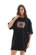 Unisex Bisiklet Yaka Baskılı Oversize T-Shirt - Siyah