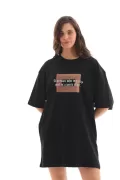 Unisex Bisiklet Yaka Baskılı Oversize T-Shirt - Siyah