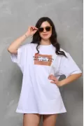 Unisex Bisiklet Yaka Baskılı Oversize T-Shirt - Beyaz