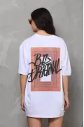 Unisex Bisiklet Yaka Baskılı Oversize T-Shirt - Beyaz