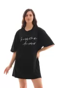 Unisex Bisiklet Yaka Baskılı Oversize T-Shirt - Siyah