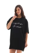 Unisex Bisiklet Yaka Baskılı Oversize T-Shirt - Siyah