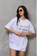 Unisex Bisiklet Yaka Baskılı Oversize T-Shirt - Beyaz