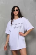 Unisex Bisiklet Yaka Baskılı Oversize T-Shirt - Beyaz