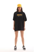 Unisex Bisiklet Yaka Baskılı Oversize T-Shirt - Siyah