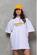 Unisex Bisiklet Yaka Baskılı Oversize T-Shirt - Beyaz