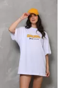 Unisex Bisiklet Yaka Baskılı Oversize T-Shirt - Beyaz