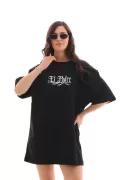 Unisex Bisiklet Yaka Baskılı Oversize T-Shirt - Siyah