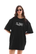 Unisex Bisiklet Yaka Baskılı Oversize T-Shirt - Siyah