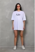 Unisex Bisiklet Yaka Baskılı Oversize T-Shirt - Beyaz