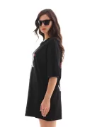 Unisex Bisiklet Yaka Baskılı Oversize T-Shirt - Siyah