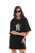 Unisex Bisiklet Yaka Baskılı Oversize T-Shirt - Siyah