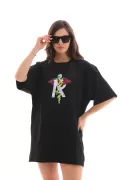 Unisex Bisiklet Yaka Baskılı Oversize T-Shirt - Siyah