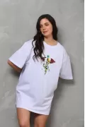 Unisex Bisiklet Yaka Baskılı Oversize T-Shirt - Beyaz