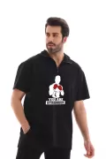 Unisex Yarım Fermuarlı Oversize Baskılı T-Shirt - Siyah