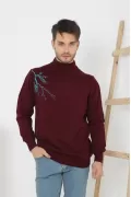 Unisex Yarım Boğazlı Baskılı Dokuma Triko - Bordo