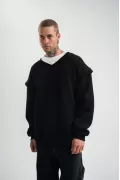 Geniş V yaka Kol Ribana Detaylı SweatShirt - Siyah