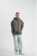 Erkek Kapşonlu Double Oversize Dijital Patchli SweatShirt - Füme