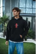 Üç İplik Kapşonlu Baskılı Oversize SweatShirt- Siyah