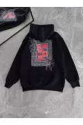 Uzun Kol Kapşonlu Ön Ve Arka Baskılı SweatShirt - Siyah