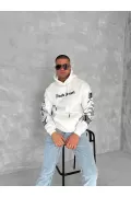 Üç İplik Uzun Kol Kapşonlu Baskılı SweatShirt - Beyaz