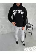 Unisex Üç İplik Kapşonlu Baskılı SweatShirt - Siyah