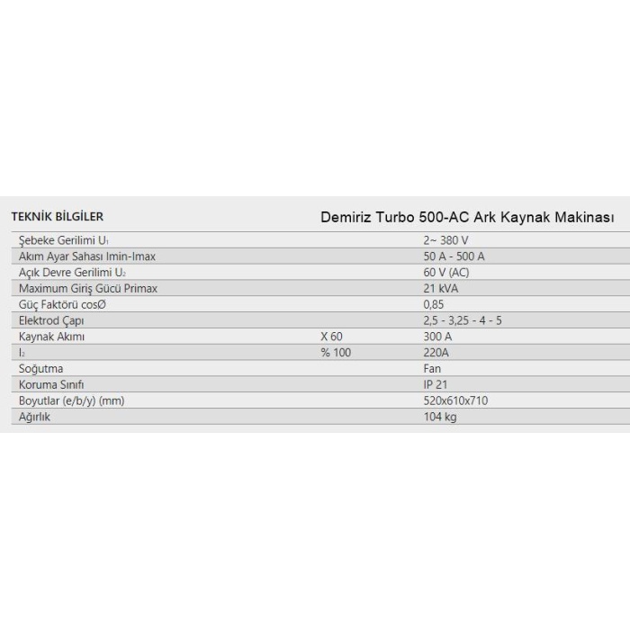 Demiriz Turbo 500-AC Ark Kaynak Makinası
