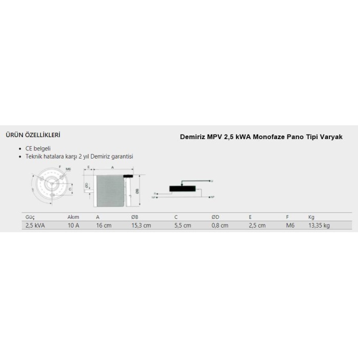 Demiriz MPV 2,5 kVA Kutusuz Monofaze Varyak
