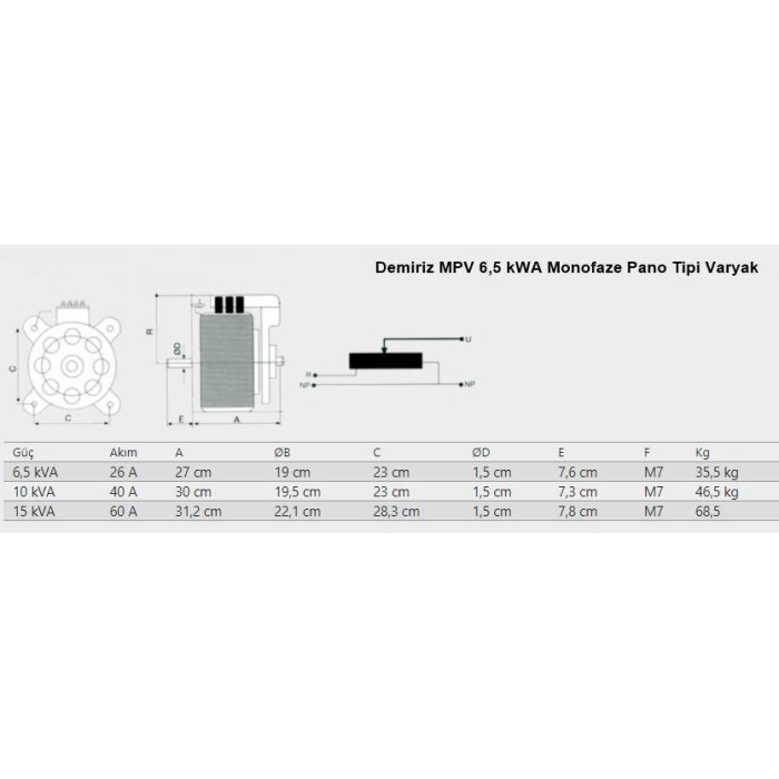 Demiriz MPV 6,5 kVA Kutusuz Monofaze Varyak