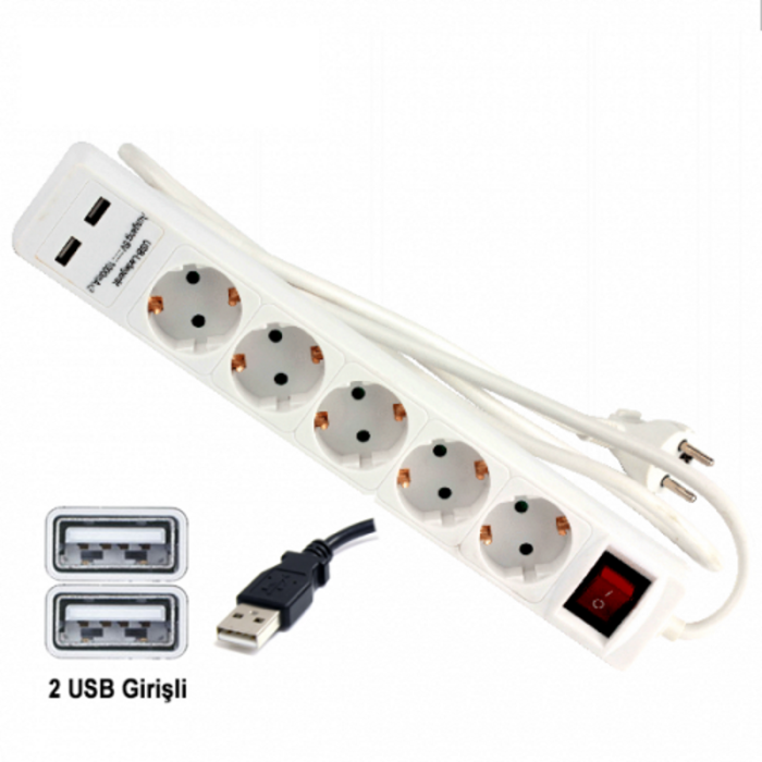 Troy 24025 USB Girişli Beşli Grup Priz ve Uzatma Kablosu