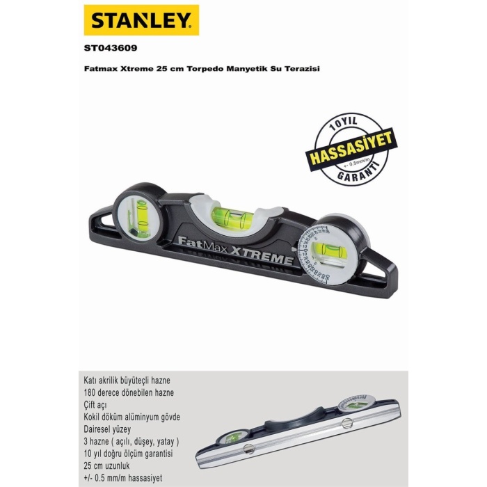 Stanley 0-43-609 FATMAX® 25cm Torpedo Manyetik Su Terazisi