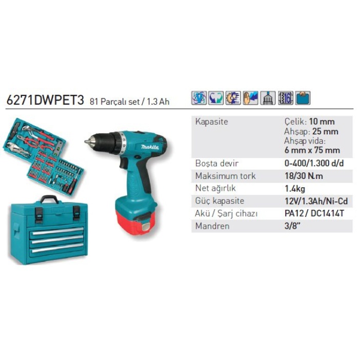 Makita 6271DWPET3 81 Parçalı Akülü Matkap