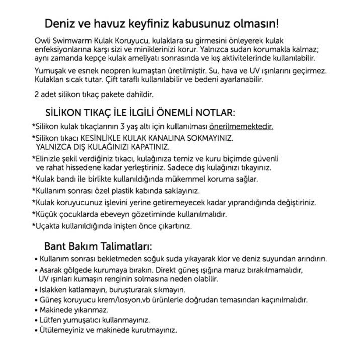 Owli Swimwarm Kulak Koruyucu Siyah Bebek