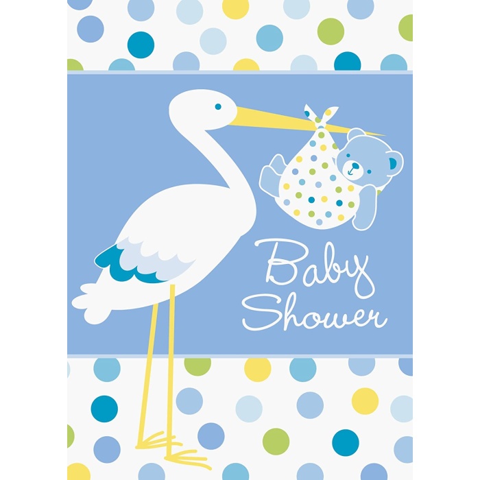 Baby Boy Stork Temalı Mavi Renk Baby Shower Davetiye 8 Adet (2563)