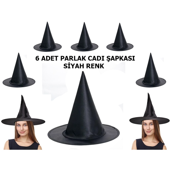 Halloween Siyah Renk Parlak Dralon Cadı Şapkası Yetişkin ve Çocuk Uyumlu 6 Adet (2563)