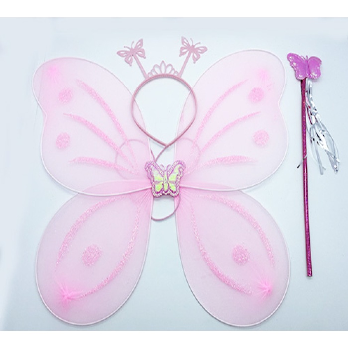 Toz Pembe Renk Kelebek Kanadı Tacı ve Sopası 50x37 cm (2563)